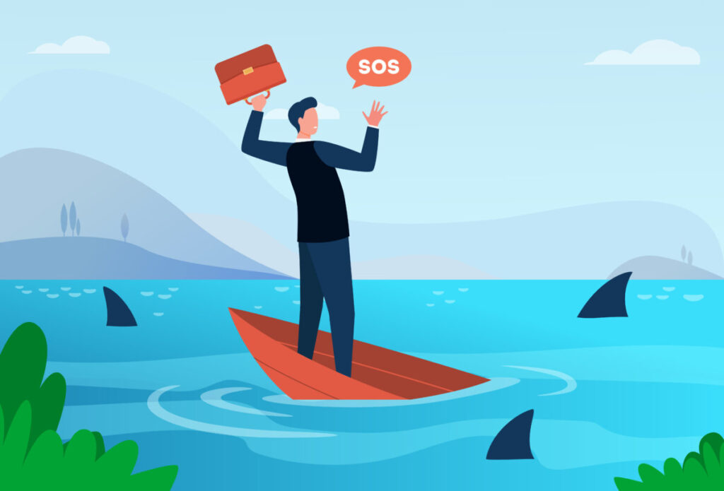 Visuel article : harcèlement au travail ou dans son environnement illustré par un homme sur une barque en train decouler avec des requins lui tournant autour